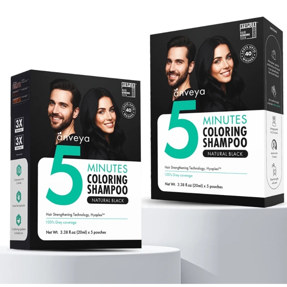 Anveya 5 Minutes Coloring Shampoo Natural Black 100% Grey Coverage 5 Pouches NEW